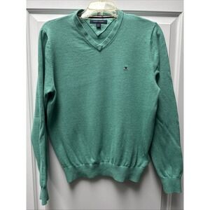 Tommy Hilfiger Sweater Cotton V-Neck, Logo On Chest Men's Size Small Irish Green